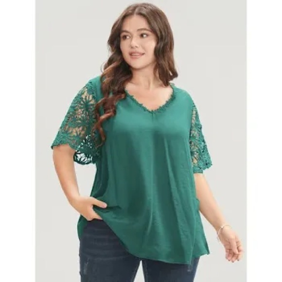 BloomChic Tops - Green Embroidered Lace Sleeve Blouse